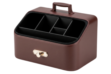 Brown leather travel vanity case with internal organizers isolated on a transparent background