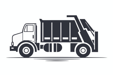 Isolated dump truck silhouette conveys trash collection in an icon style rendering on white