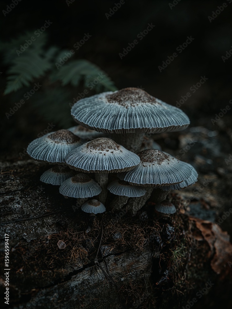 Aufkleber a cluster of mushrooms growing on a mossy log in a dark forest with a fern in the background