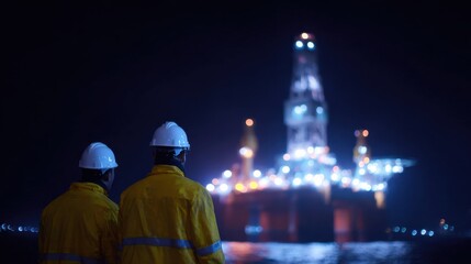 Two men in yellow jackets stand on a dock looking at a large oil rig