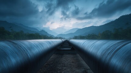 A long blue pipeline is shown in the distance with mountains in the background