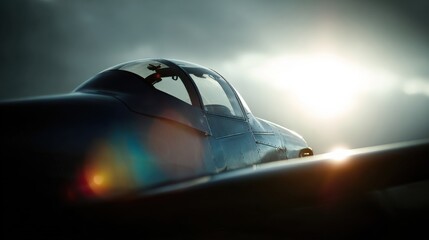 A fighter jet is flying in the sky with the sun shining on it
