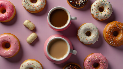 Colorful Donuts and Coffee on Pink Background – Sweet Breakfast Flat Lay