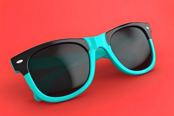 Stylish sunglasses with a black frame and turquoise accents, resting on a vibrant red background, showcasing modern design and summer fashion appeal