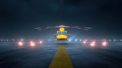 A yellow helicopter is on a runway at night