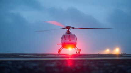 A red and white helicopter is on the runway