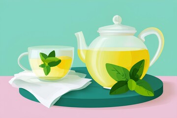 Illustration of a transparent teapot filled with herbal tea, accompanied by a cup of tea on a green tray, garnished with fresh mint leaves, creating a calming beverage scene