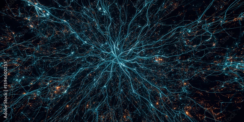 Poster abstract representation of neural network with glowing blue lines and dark background design art