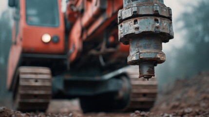 A large orange and black construction vehicle is driving over a dirt road