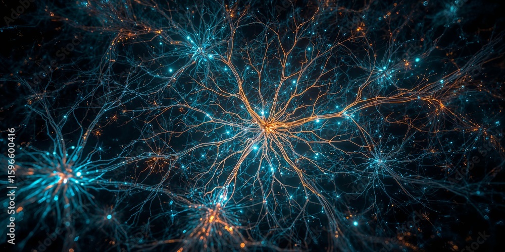 Poster abstract neural network with glowing connections in blue and orange on a dark background