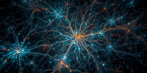 Fototapeta premium Abstract neural network with glowing connections in blue and orange on a dark background