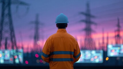 A man in an orange jacket stands in front of a power plant