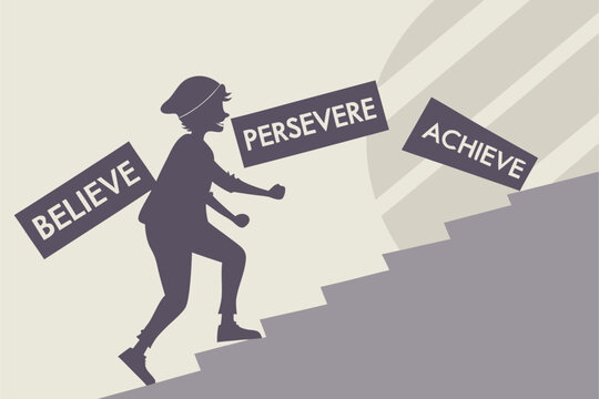 Silhouette of person climbing stairs with believe persevere and achieve floating beside them