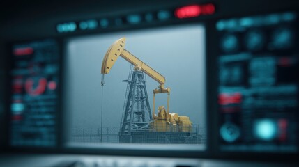 A computer monitor shows a yellow oil rig with a red and white background
