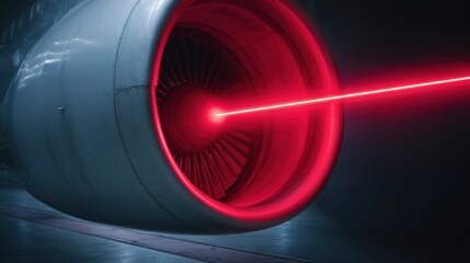 A red jet engine is lit up with a laser
