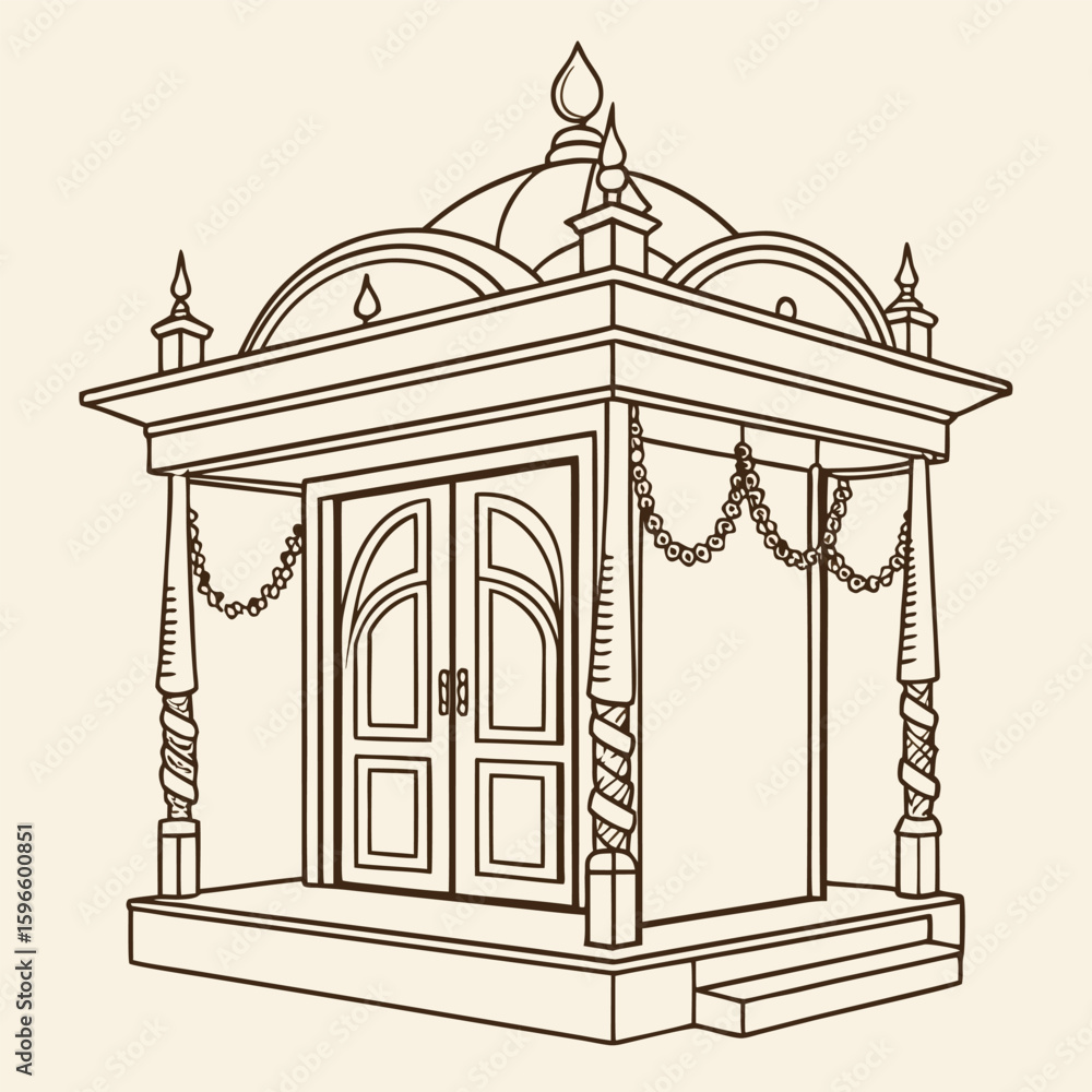 Poster minimalist vector illustration of a small mandir design possibly incorporating a stylized cat elemen