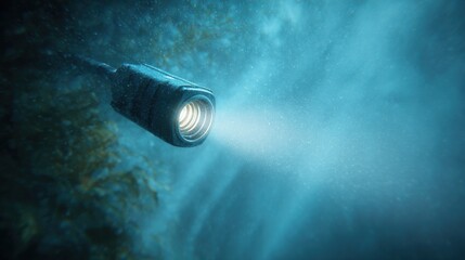 A light is shining on the water, creating a beautiful and serene atmosphere