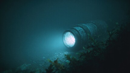 A light is shining on a rusty pipe in the dark