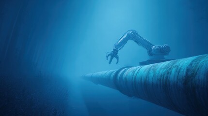 A robot is on a pipe in the ocean