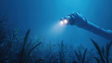 A submarine is seen in the dark blue water with a light on