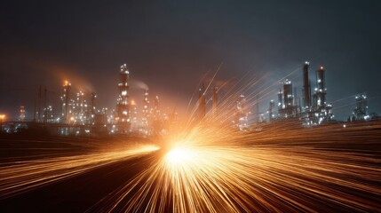 A city skyline at night with a car in the foreground