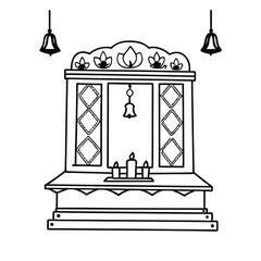 Detailed illustration of a traditional wooden temple for home use showcasing Indian Mandir architecture suitable for banners advertisements and cultural designs with CMYK color scheme