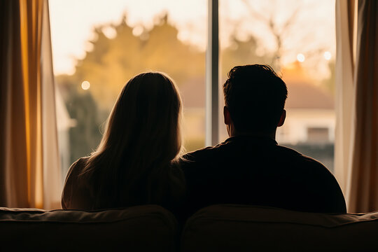 Couple gazing out the window at sunset. Back view of a man and woman sitting together, appreciating the view. Warm, peaceful, intimate moment.