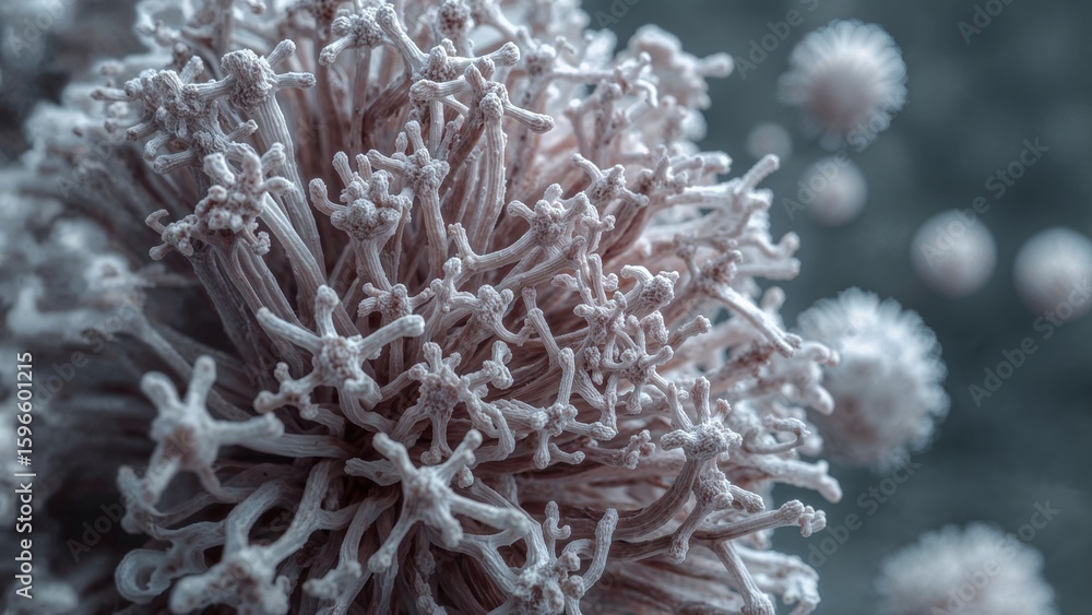 Poster close up view of a white textured object with small branches and blurred spheres in the background