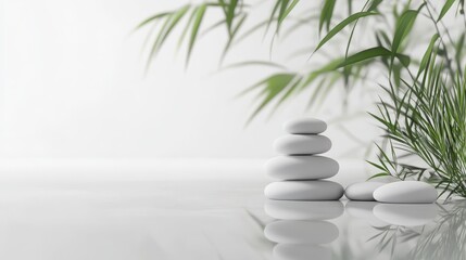 Obraz premium Relaxing Zen Garden Scene with Smooth Stones and Fresh Green Bamboo