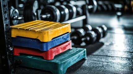 Colorful exercise steps beside dumbbells in a gym setting