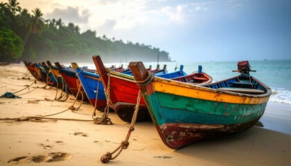 Obraz premium Colorful Fishing Boats on Serene Beach at Sunset with Gentle Waves