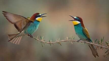 Obraz premium Two colourful bee-eaters perched on a branch.