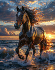 A magnificent dark horse on a summer day against the backdrop of sea waves at sunset, close-up, year of the horse