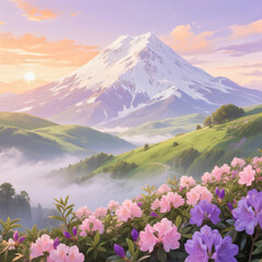 Obraz premium Blossoms Beneath the Snowy Mountain