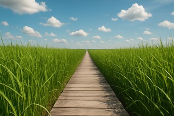 Wooden Path Leading Through Tall Green Grass Under a Clear Sky Nature Scene Serene Environment Scenic View