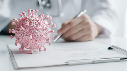 Medical worker with virus model filling document on desk, illustrating research, prevention, health. Healthcare professional's analysis and recording.