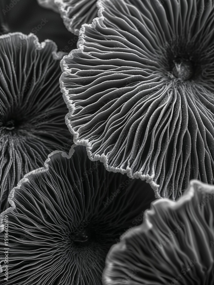 Poster a close up view of the underside of several mushrooms showing the gills in a grayscale image