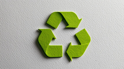 Green recycle symbol on a white wall background. Clean and minimal image representing sustainability, eco-friendly lifestyle, environmental awareness, and waste management concepts.