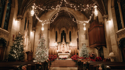 Fototapeta premium Beautiful church interior decorated for Christmas with lights, wreaths, and festive ornaments. Perfect for themes of holiday celebration, faith, tradition, and seasonal spirituality.