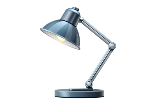 A modern metal desk lamp with an adjustable arm, casting a bright light, isolated on a transparent background