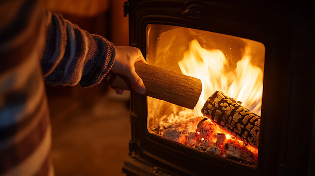Cozy Fire: Hand adds log to burning fireplace for warmth, creating a warm ambiance.