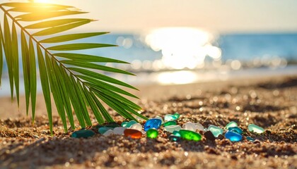 Obraz premium Beautiful Tropical Beach Scene with Colorful Sea Glass on Sand