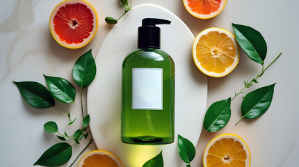 Citrus Essential Oil Body Wash Bottle Mockup | Fresh Natural Skincare Product Presentation | Vibrant Cosmetic Branding