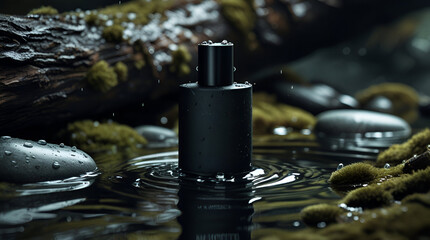 Luxury Black Cologne Bottle Mockup in Nature Stream | Elegant Fragrance Branding Template | Natural Perfume Product Showcase