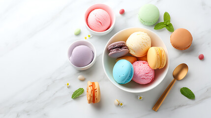 Bowl with tasty macaroonsle table, top view