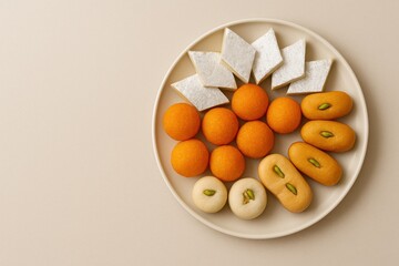 Traditional Indian Sweets Presentation India Food Plating Minimalist Background Top-Down View Culinary Art