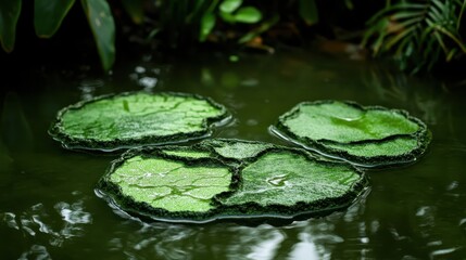 Tranquil Water Lily Pads in Reflective Green Pond Environment