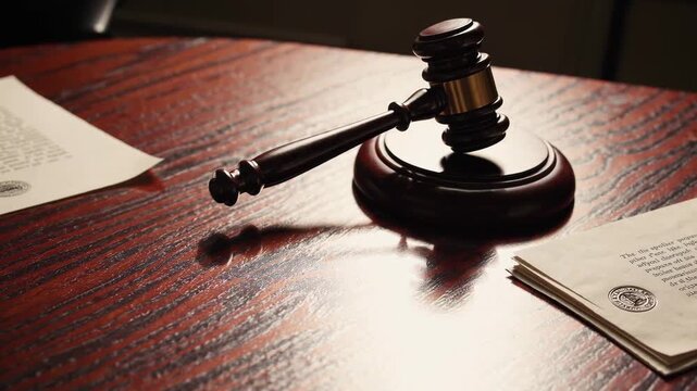 Courtroom setting with gavel and legal documents on table