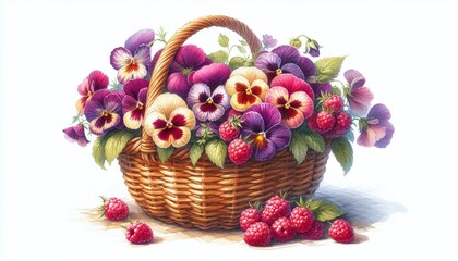 Basket of Colorful Pansies with Fresh Raspberries