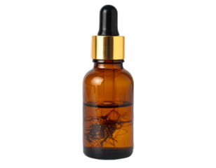 Amber glass bottle with dropper filled with herbal infusion, wellness product concept.